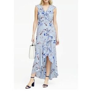 Banana Republic Floral Ruffle-Wrap Maxi Dress 12 Blue Romantic Summer‎ Vacation
